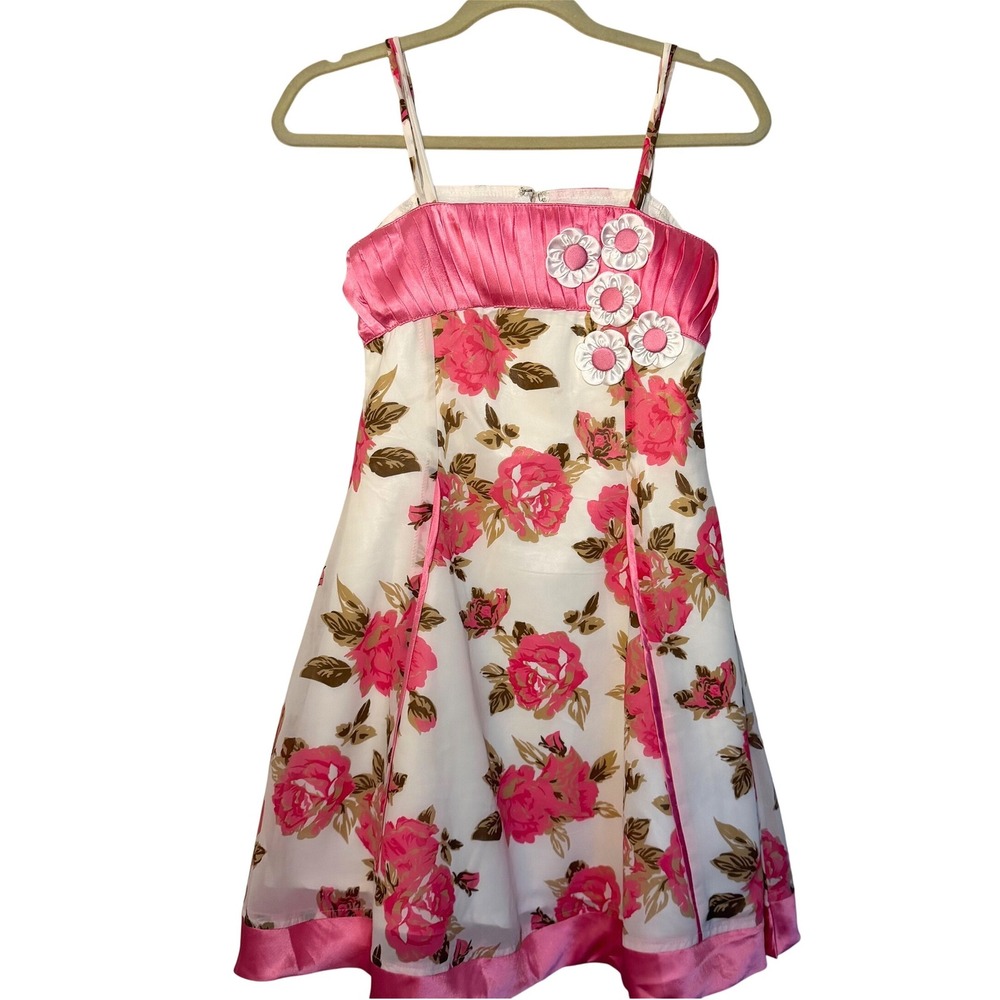 VTG Pink Satin Knee Length Floral Dress Women's Size XS/S Embroidered y2K